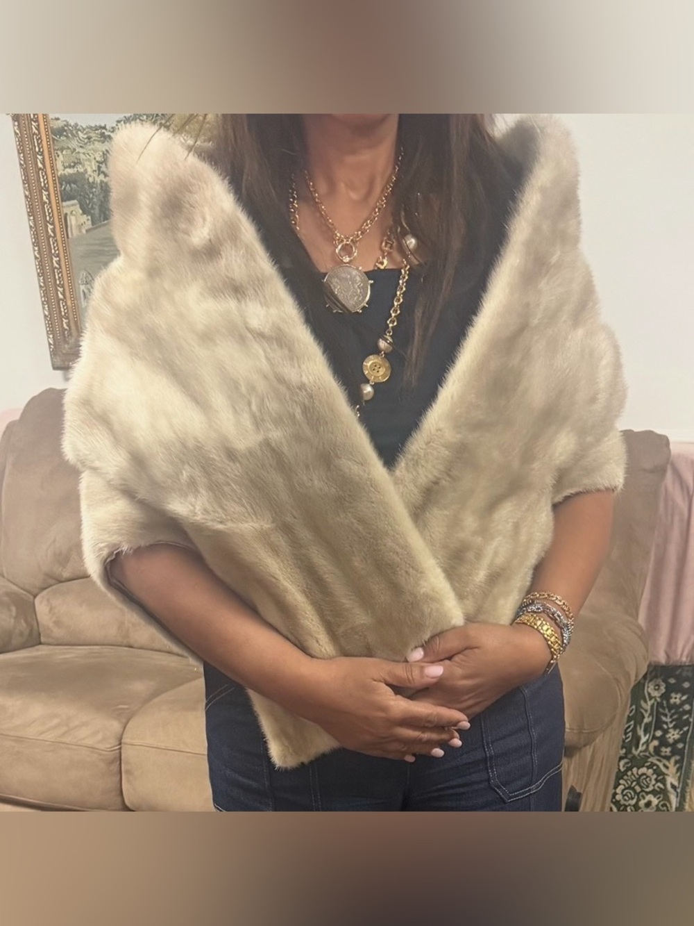 Lux mink Fur Shawl Wrap in Light Beige - Women Accessories